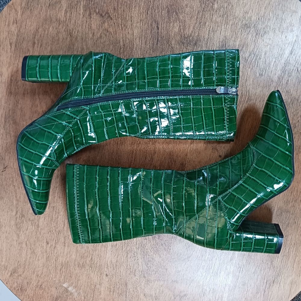 Emerald Green Croc Embossed Mid-Calf Boots Retro Glam Y2K Size EU 39 US 8.5 - Picture 3 of 11